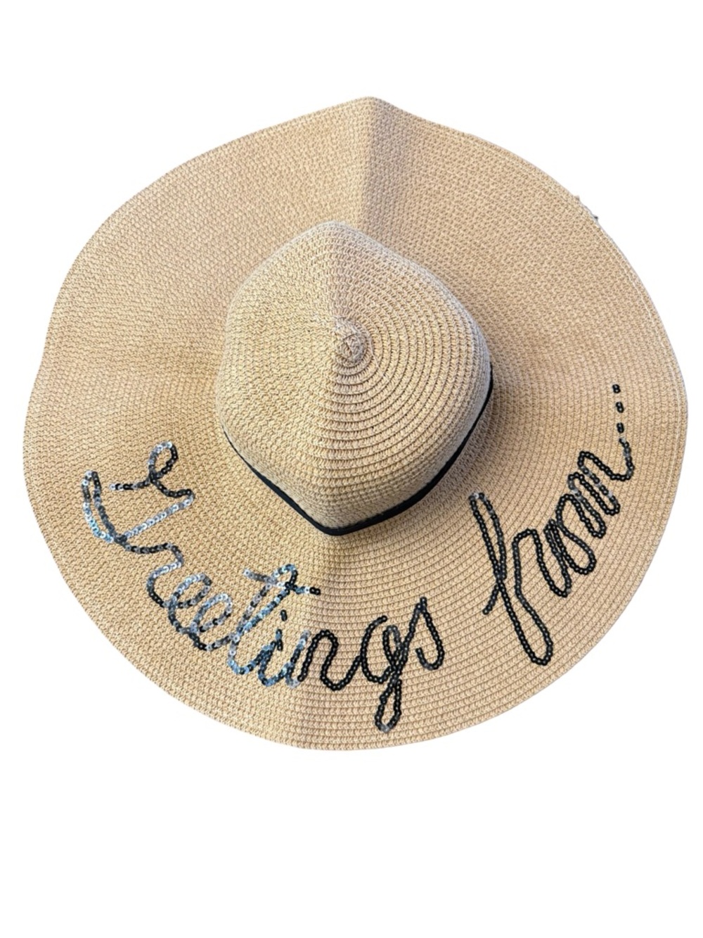 Wide Brim Straw Sun Hat with 'Greetings From' Sequin Script